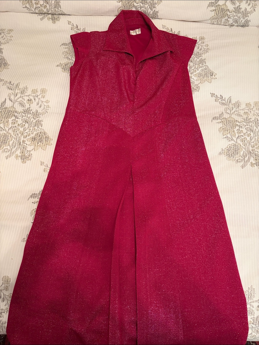Shimmering Raspberry Midi Dress with Structured Collar
